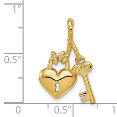 14K Gold Key and Heart Lock Charm, Polished Finish, Solid