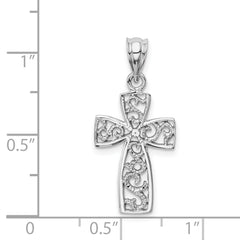 14K White Gold Filigree Cross Pendant with Rhodium Plating, Reversible Design