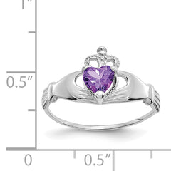 14k White Gold CZ February Birthstone Claddagh Heart Ring