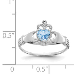 14k White Gold CZ March Birthstone Claddagh Heart Ring