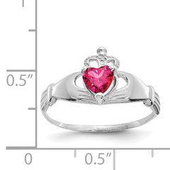 14k White Gold CZ July Birthstone Claddagh Heart Ring