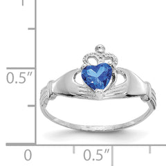 14k White Gold CZ September Birthstone Claddagh Heart Ring
