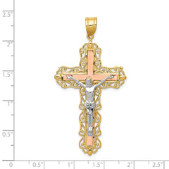 14K Tri-Color Gold Crucifix Pendant with Diamond-Cut Detailing, 61mm