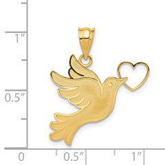 14K Gold Dove with Heart Pendant, Polished & Brushed Finish