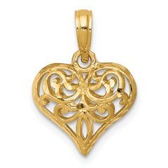 14K Gold Polished 3D Filigree Heart Pendant Elegant Cast Design