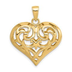 14K Gold Polished 3D Filigree Heart Pendant with Elegant Puffed Design