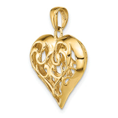 14K Gold Polished 3D Filigree Heart Pendant with Elegant Puffed Design