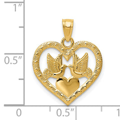 14K Gold Polished Doves in Heart Pendant Elegant & Textured Design