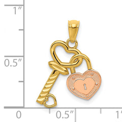 14K Two-Tone Gold Heart Lock and Key Pendant Polished, Solid, Themed Design