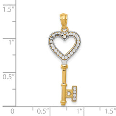 14K Gold Heart Key Charm with White Rhodium Accents, Polished Finish