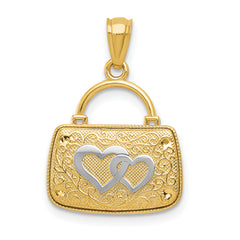 14K Gold & Rhodium 3D Reversible Heart Handbag Pendant Polished & Textured
