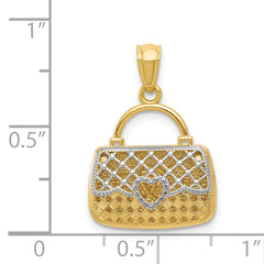 14K Gold & Rhodium 3D Reversible Heart Handbag Pendant Polished & Textured