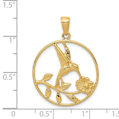 14K Gold Hummingbird Pendant in Polished Round Frame, Elegant and Solid Design