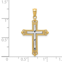 14K Gold and Rhodium Diamond-Cut Cross Pendant Elegant Solid Design