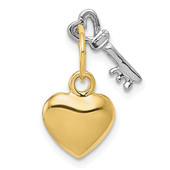 14K Two-Tone Gold Key and Heart Lock Charm Polished, Moveable, Elegant Design