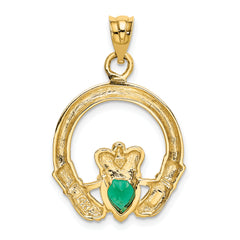 14K Gold Claddagh Pendant with Green Heart CZ Stone, Polished Finish