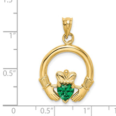 14K Gold Claddagh Pendant with Green Heart CZ Stone, Polished Finish