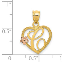 14K Two-Tone Gold Heart Initial Pendant C with Diamond-Cut Finish