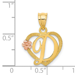14K Two-Tone Gold Heart Initial D Pendant with Polished Diamond-Cut Finish