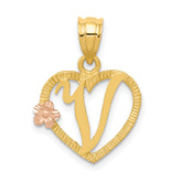14k Two-Tone Heart Letter V Initial Pendant