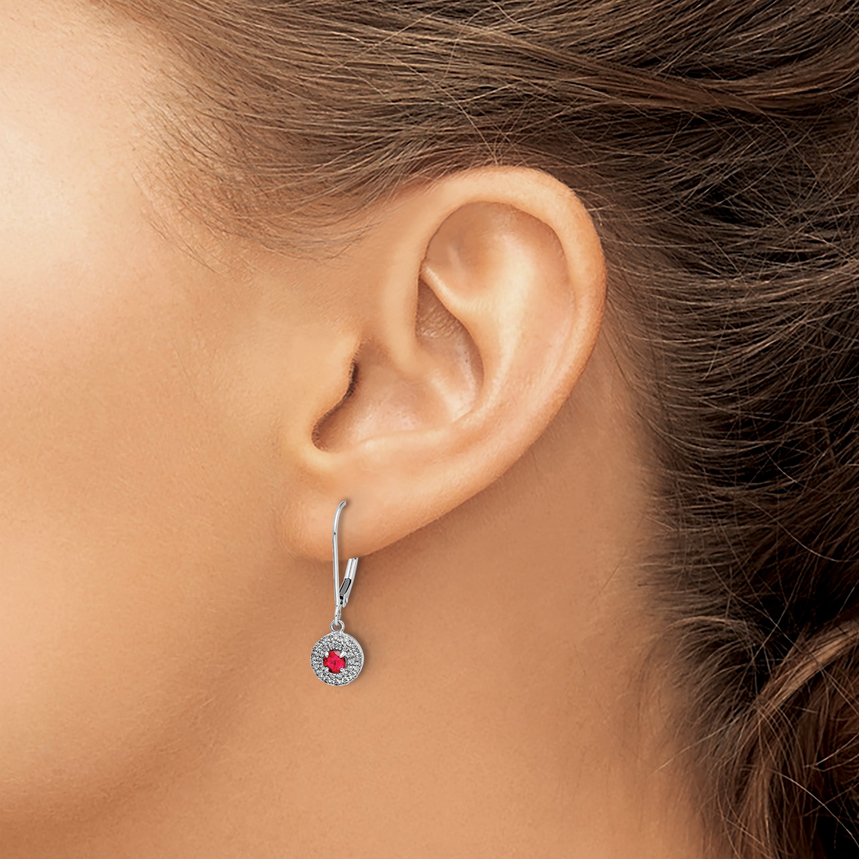 14K White Gold Lab Grown Diamond Cr Ruby Leverback Dangle Earrings