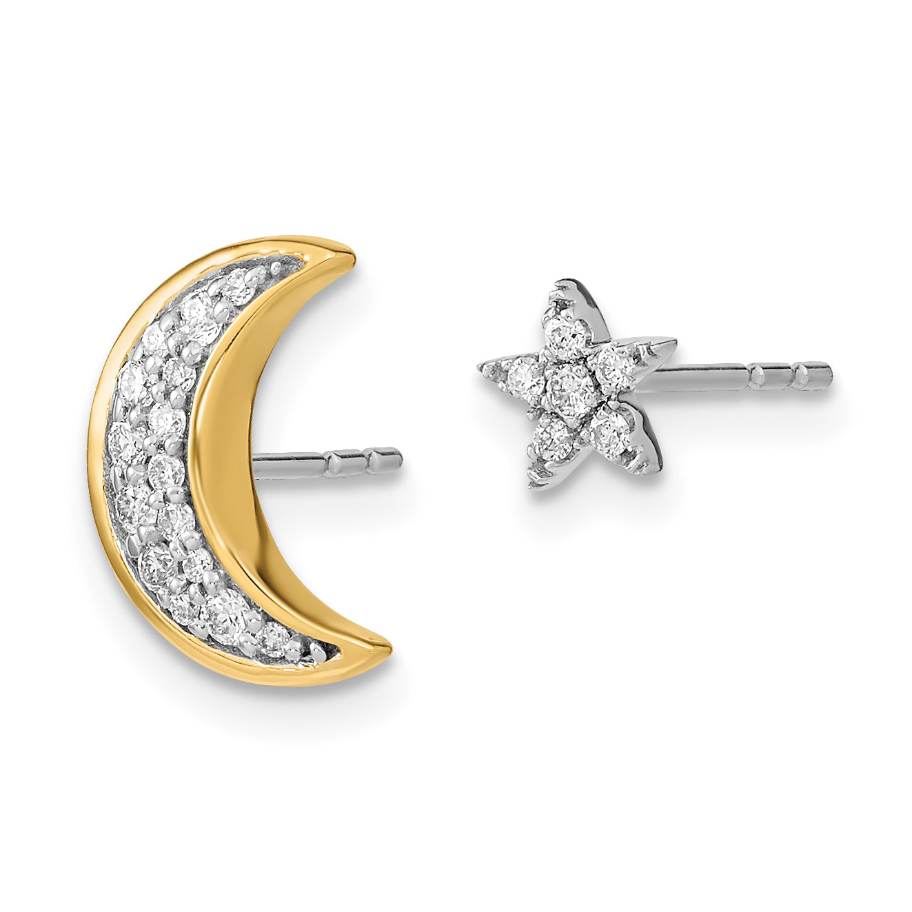 14k Two-tone Moon andStar Diamond Mis-match Post Earrings