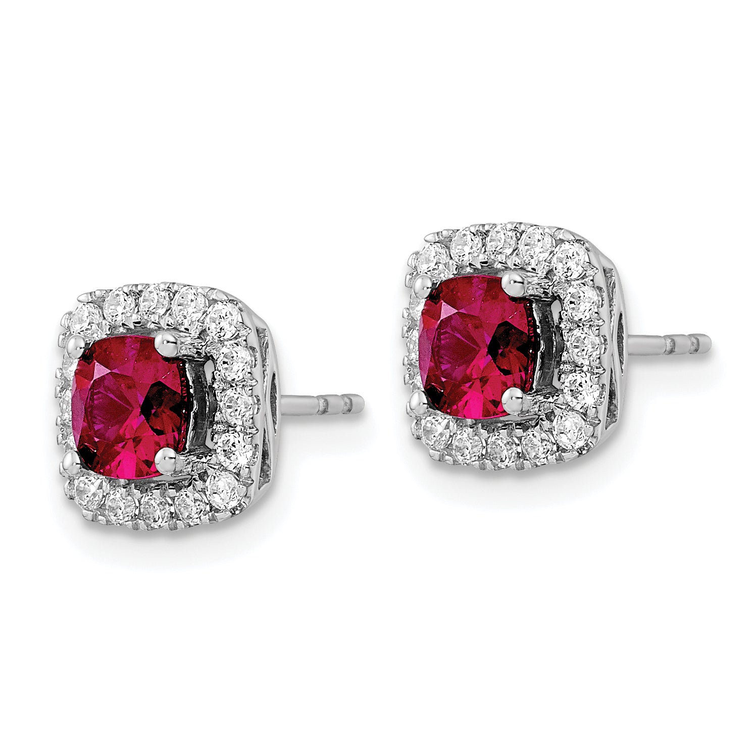 14K White Gold Lab Grown Diamond and Created Ruby Halo Post Earrings
