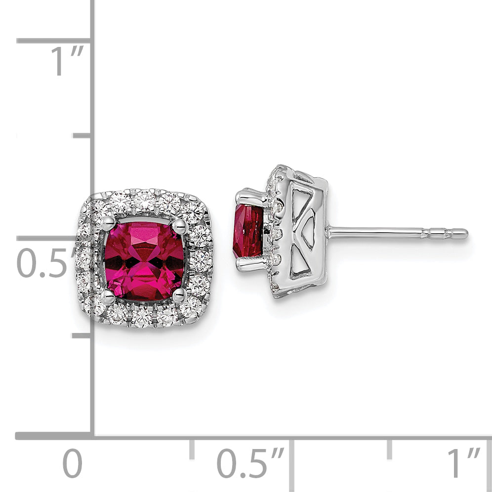 14K White Gold Lab Grown Diamond and Created Ruby Halo Post Earrings