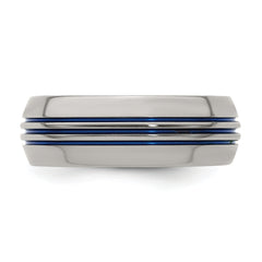 Titanium Wedding Band with Blue Anodized Grooves and Polished Finish
