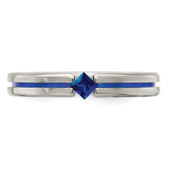 Titanium Sapphire Wedding Band with Polished Finish and Grooved Design