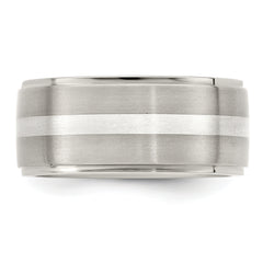 Titanium Silver Inlay Wedding Band with Polished Brushed Finish