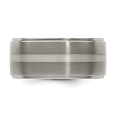 Titanium Silver Inlay Wedding Band with Polished Brushed Finish