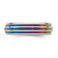 Titanium Wedding Band with Rainbow Anodized Grooves and White Sapphire