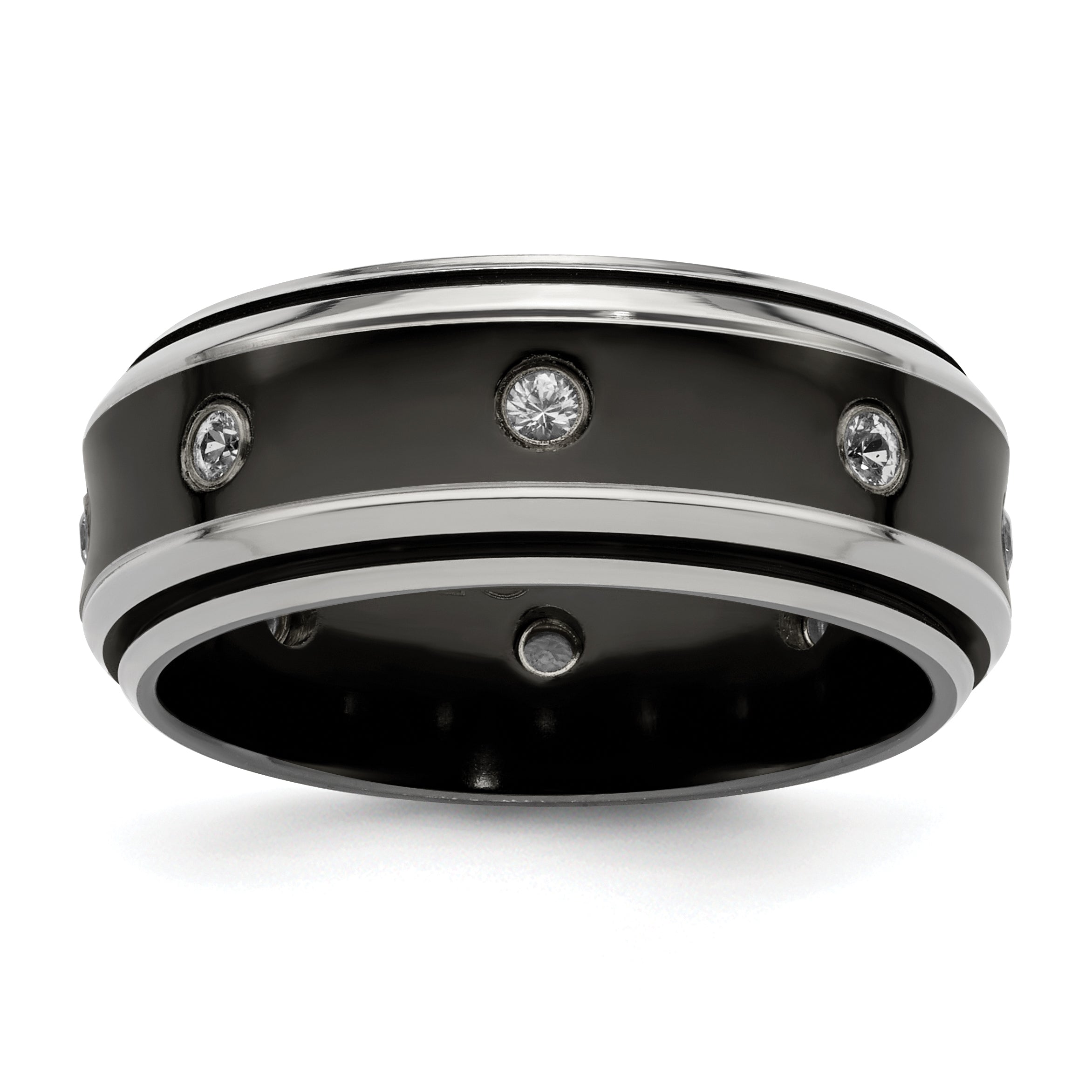 Edward Mirell Black Ti and Titanium Polished White Sapphire with Sterling Silver Bezels 9mm Band