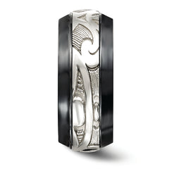 Black Titanium and Sterling Silver Scroll Wedding Band Polished Two-Tone Elegance