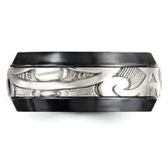Black Titanium and Sterling Silver Scroll Wedding Band Polished Two-Tone Elegance