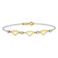 14K Two-tone Oval Link Diamond Cut Beads and Heart Bracelet