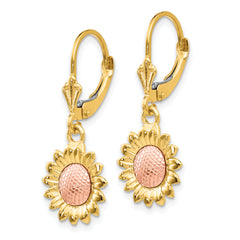 14K Two-Tone Gold Sunflower Dangle Earrings with Polished Finish