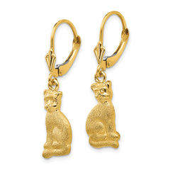 14K Gold Satin Cat Dangle Earrings with Polished Leverback Design