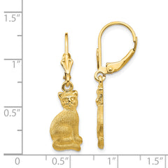 14K Gold Satin Cat Dangle Earrings with Polished Leverback Design