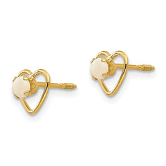 14K Gold Heart Earrings with Imitation Opal Birthstone Polished, Nickel-Free