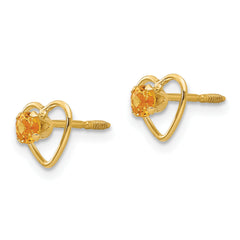 14K Gold Genuine Citrine Heart Earrings with Screw Back, November Birthstone