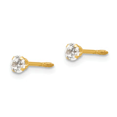 14K Gold CZ Stud Earrings with Polished Finish, Nickel-Free, 3mm Round