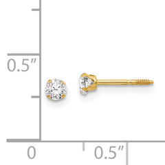 14K Gold CZ Stud Earrings with Polished Finish, Nickel-Free, 3mm Round