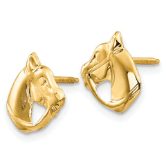14K Gold Horse Head Earrings with Polished Finish and Screw Back