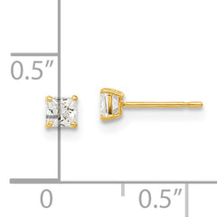 14K Gold Square CZ Stud Earrings with Polished Finish, 3mm