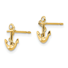 14K Gold Children's Anchor Earrings with CZ Stones Polished, Nickel-Free