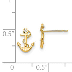14K Gold Children's Anchor Earrings with CZ Stones Polished, Nickel-Free