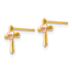 14K Yellow & Rose Gold Two-Tone Children's Heart Cross Earrings Polished Nickel-Free Design