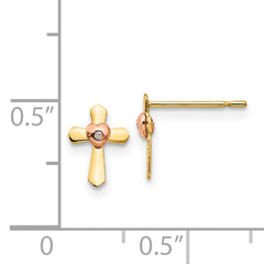 14K Yellow & Rose Gold Two-Tone Children's Heart Cross Earrings Polished Nickel-Free Design